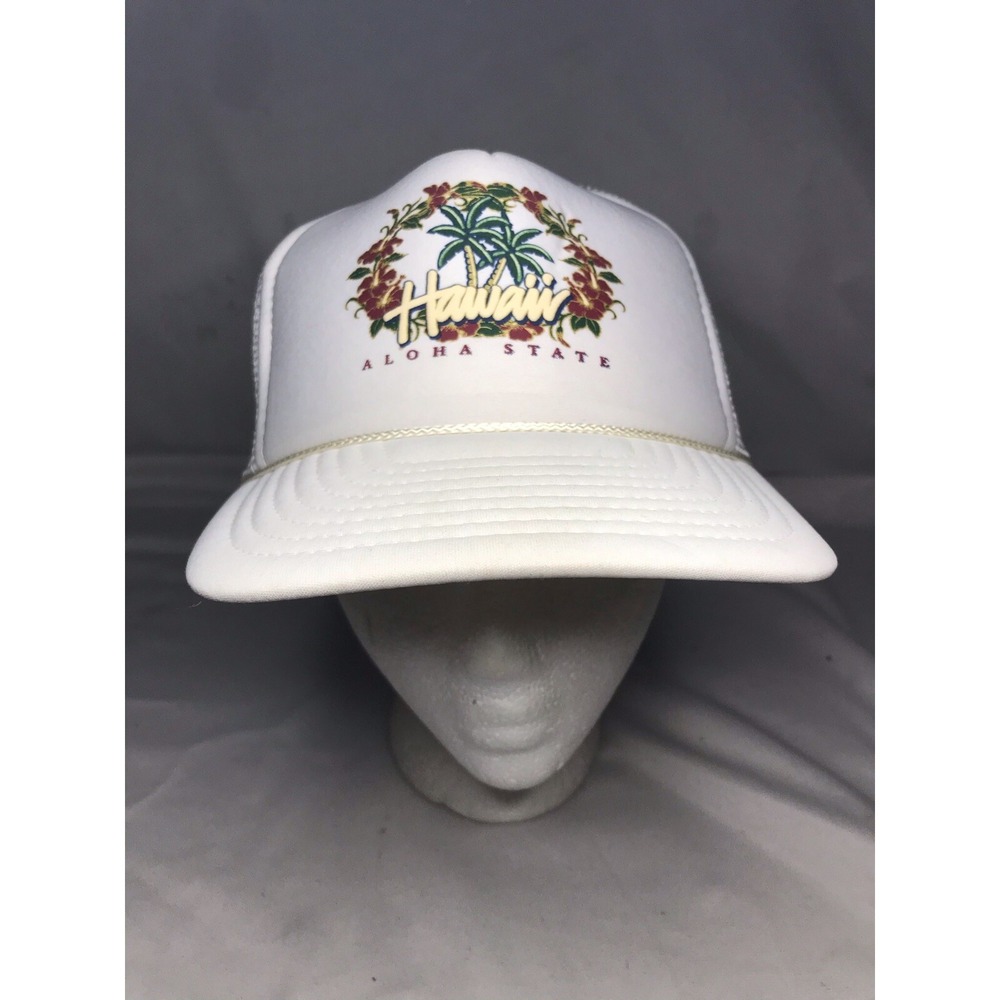 Vintage Nissin Cap White Hawaii Aloha State Palm Trees Foam Trucker Hat Adult